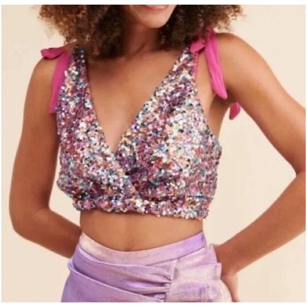 Free People Big Night Sequin Crop Top in PINK size XS $68